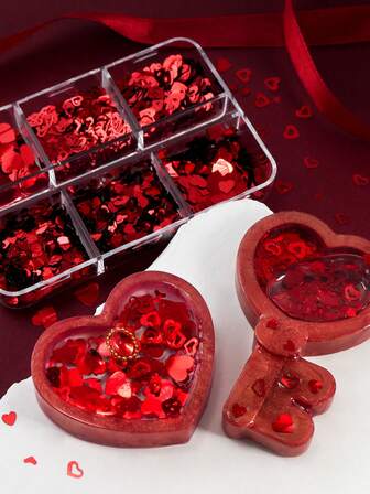 6 piezas de lentejuelas con forma de corazón holográfico rojo, para rellenar resina epoxi, molde de silicona con corte láser para rellenar con brillo de resina, manualidades DIY