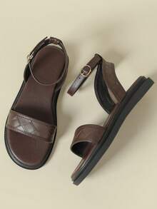 Women's Thick Sole Strap Buckle Sandals, Bohemian Style, Retro Random Print, Open Toe, Comfortable, Wedge Heel, Breathable, Elegant, Suitable For Beach, Spring/Autumn, Coffee Brown, Asymmetrical Embossed, Large Size 41-43 - Coffee Brown - View 6