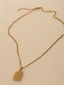 1pc 18K Gold Plated Stainless Steel Initial Letter Necklace, Square Pendant Necklace, First Letter Necklace, Cuban Chain, Gold Color Accessory, Gift For Women - Gold - View 7
