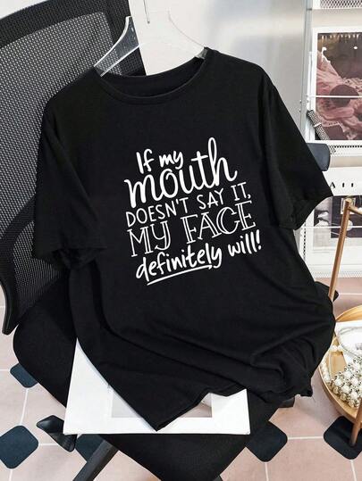 Plus Size Summer Casual Slogan Print Short Sleeve T-Shirt, Summer Outfits, Vacation Outfits For Women, Spring Outfits For Women, Tops, Club Outfits For Women