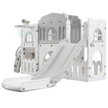 Tobogán infantil 8 en 1 con aro de baloncesto, volante, telescopio y túnel. Tobogán independiente para niños pequeños, ideal para interiores y exteriores. Incluye pelota y espacio de almacenamiento. - Gris - Ver 1