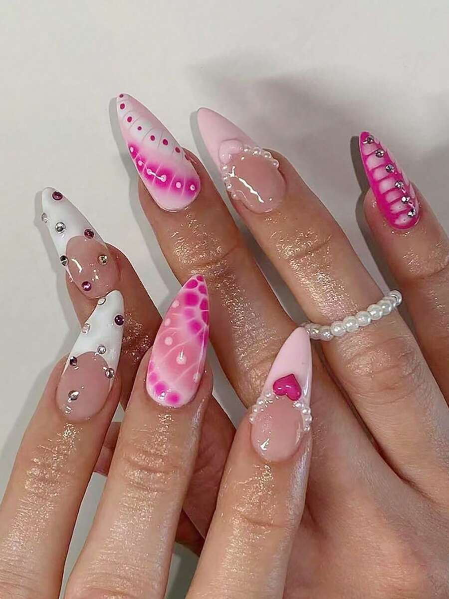 Sanrio 24-teiliges mittelgroßes mandelförmiges Nagel-Set zum Aufkleben, modern-lässiger Retro-Eleganz- und Y2K-Pop-Art-Stil mit klassischen Rosa-Weiß-Französisch-Designs