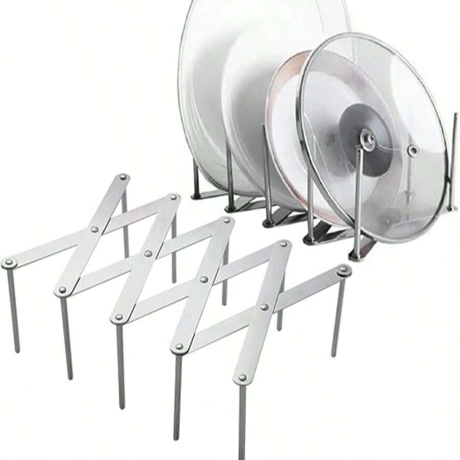 1 pieza Estante para ollas de acero inoxidable, soporte para tapas, montado lateralmente, ajustable, plegable, rejilla multiusos para cocinar al vapor, organizador de almacenamiento para cocina y comedor - Plateado - Ver 1