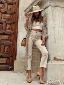 Women's Solid Color Vacation Matching Hollow Out Long Cardigan - Khaki - View 2