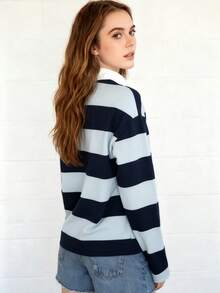 Women Striped Polo Rugby Shirts Y2k Long Sleeve Button Down Oversized Preppy Sweatshirt Vintage Collared Pullover Top - Blue - View 2