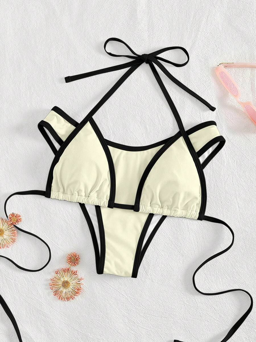 PEPPERMOLLY 新款纯色柔软系带性感比基尼，女士时尚泳装，适合夏季海滩度假 - 米色 - 查看 1