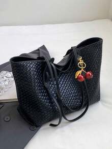 Women's Multifunctional Solid Color Woven Pattern PU Leather Handbag, Minimalist Large Capacity Top Handle Shoulder Bag, Casual Lightweight Commuter Tote Bag, Suitable For Daily Office, Fashionable Waterproof Square Outdoor Travel Shopping Crossbody Bag - Black - View 12