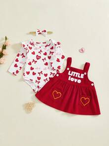 Valentine's Day Baby Girls 3 Piece Outfit Long Sleeve O Neck Bow Heart Print Jumpsuit And Headband Dress Set - 紅色 - 查看 6