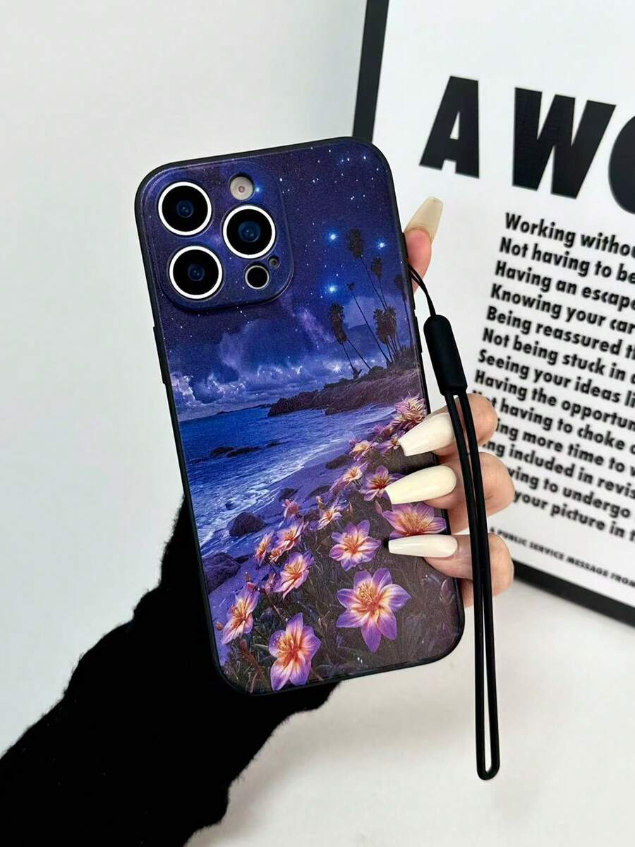 Precise Hole Floral Painted Anti-Drop Phone Case With Black Silicone Wrist Strap, Compatible With IPhone, Redmi