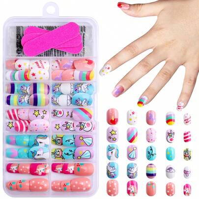 NAIO Bộ 120 miếng dán móng tay phong cách Y2K cá tính dành cho trẻ em, chất liệu acrylic, phủ sẵn gel, độ che phủ cao, họa tiết lấp lánh và dễ thương bao gồm cầu vồng, kỳ lân, trái tim và ngôi sao, miếng dán móng tay ngắn, kèm theo 3 miếng gel dẻo và 3 dũa móng, hoàn hảo cho bé gái - chủ đề kỳ lân dễ thương. Dụng cụ làm móng.