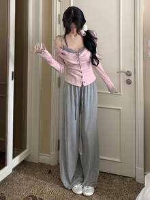 Korean Style Lace Trim Camisole, Slim Fit Off-Shoulder Long Sleeve Cardigan Top Set - Pink - View 7