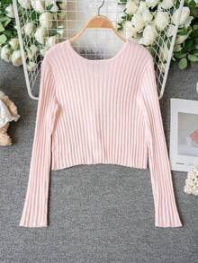 Women's Fashionable Casual V-Neck 3D Floral Colorblock Knit Sweater, Sweet & Gentle Pink, Cropped Long Sleeve, Spring/Summer - Baby Pink - View 6