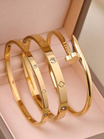 1/2/3pcs Fashionable 18K Gold Plated Stainless Steel Four-Leaf Clover Bangle Bracelet, Suitable For Women's Parties, Daily Wear, European & American Style, Personalized, Generous, Luxury Cubic Zirconia Wristband, Wedding Jewelry Set, Girls, Women, Relatives, Friends, Beautiful Wedding, Birthday, Valentine's Day Gift