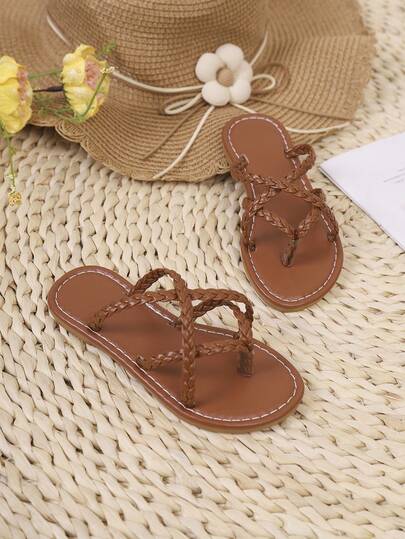 1双儿童编织分趾交叉绑带平底凉鞋，舒适易穿沙滩鞋，男女童夏季款