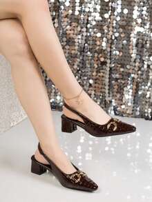 Black Patent Leather Closed Toe Chunky Heel Sandals, New 2026 Spring Autumn Pointed Toe Elegant Office Commute Slip-On High Heel Shoes - Brown - View 4