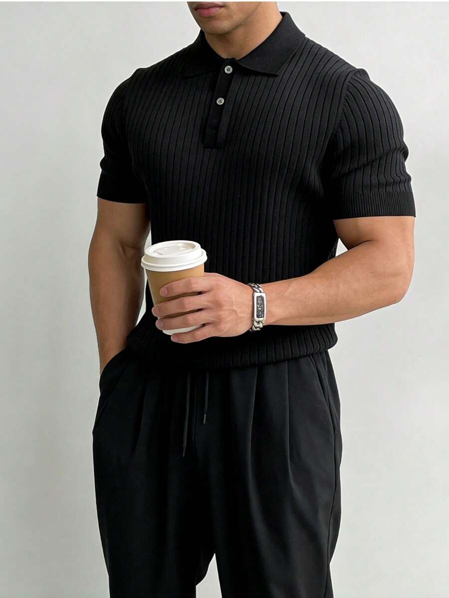 1pc Men's Black Polo Collar Short Sleeve Knit Sweater, Ribbed Texture, Polo Collar Button, Breathable Knit Fabric, Stretchy, Wrinkle-Resistant, Easy Care, Casual Comfortable Short Sleeve Polo Shirt, Suitable For Summer Office, Business Meetings - Black - View 1