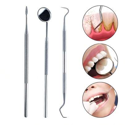Arte Seducao Kit 3 Instrumentos Limpeza Dental Removedor Tártaro Espelho Sonda Exploradora Equipamento Aço Inox Odontologia Dentista Higiene Bucal