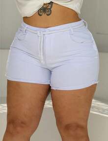 Women's Plus Size White Denim Shorts With Lycra, High Waist, Drawstring, Casual, Elegant, Sensual, Denim, No Shorts, Holiday, Wedding, Night - trắng - Xem 4