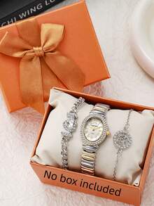 Set de 3 piezas con reloj, pulsera y correa decorados con rhinestones para adolescentes, reloj de acero de dos tonos, accesorio de lujo con estilo, adecuado para estudiantes y uso diario, promoción de fin de año - Blanco - Ver 2