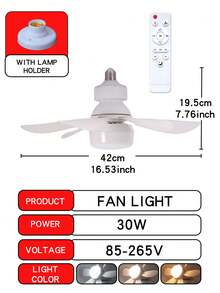 1个16.5英寸方形室内LED吊扇，带遥控器，3档风速可调，可调光，静音电机，定时功能，E26/E27灯座，适用于卧室、厨房、阳台、车库 - 硬线连接，85V-265V