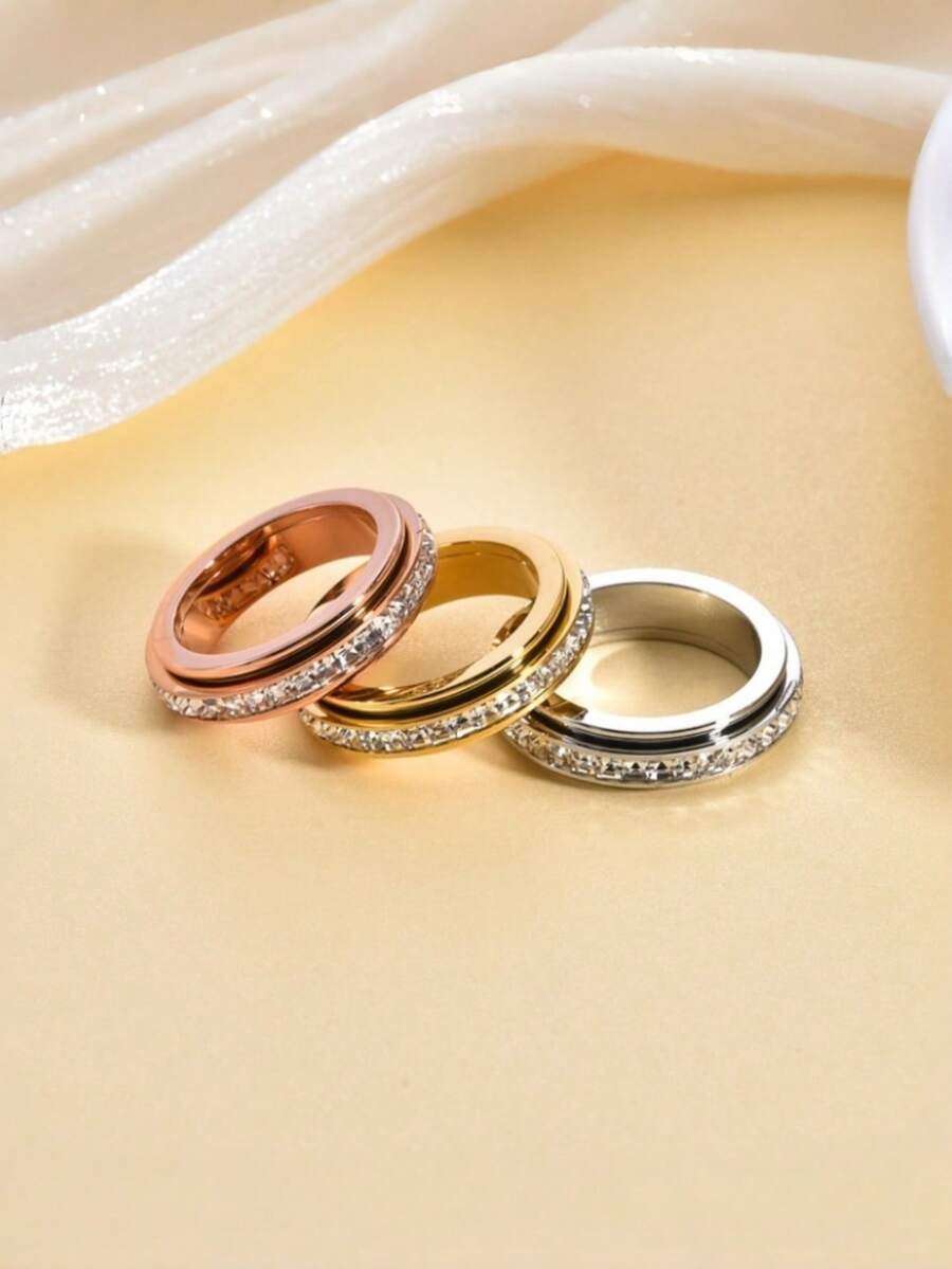 1pc Rotatable Double Circle Cubic Zirconia Spinner Ring Set, Anxiety Relief Rotating Ring, Stainless Steel Cubic Zirconia Ring, Weight Loss Jewelry Accessory - Multicolor - View 1