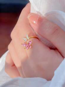 1pc Butterfly Micro-Inlaid Zirconia Stone Ring, Fashionable Adjustable Open Ring, Versatile For Women - Pink - View 3