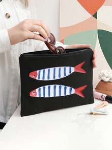 Retro Sardines Cosmetic Pouch,Fashionable Large Capacity Makeup Bag, Travel Makeup Bag, Solid Color Zipper Bag, Beauty Bag, Canvas Bag, Printed With Cute Fish Pattern, Suitable For Daily Storage, Bridal Shower And Wash Bag, Bridesmaid Makeup Kit, Bridesmaid Gift Bag, Wedding Travel Storage Bag With Zipper, Newly Designed Ideal Shopping Makeup Bag,Mother's Day Gift - Multicolor - View 4