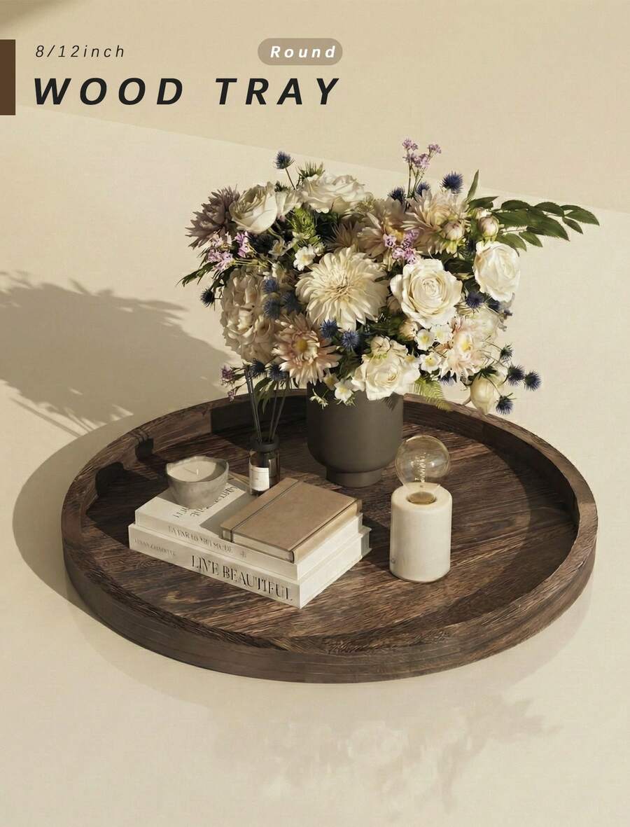Round Tray Wood Serving Platter, Vintage 12/8 Inch Round Dessert Plate Multipurpose Candle Holder Tray Decorative Tray For Farmhouse Table Centerpiece Christmas Home Decor (Coffee) - màu đen - Xem 1