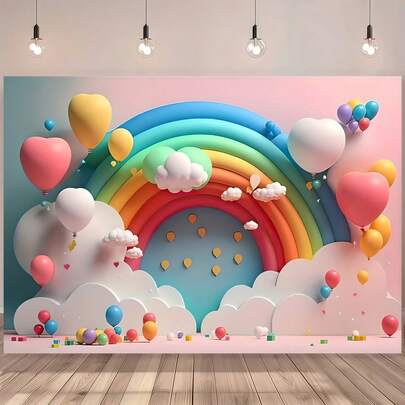 1pc Colorful Rainbow Cloud And Sky Scene Background Cloth With Rainbow, Balloon Pattern Design, Photography Background, Suitable For Birthday, Baptism, Cake Smash Events, Portrait Photography, Multi-Purpose Celebration Banner Background, Home, Teacher, Office Decoration, 2D Flat Banner