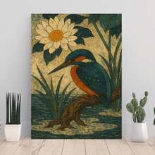 Framed 1pc Vibrant Kingfisher & Water Lily Canvas Wall Art - Retro Decorative Print, Elegant Home Decor, Ready-To-Hang For Living Room & Bedroom - Framed - 查看 2
