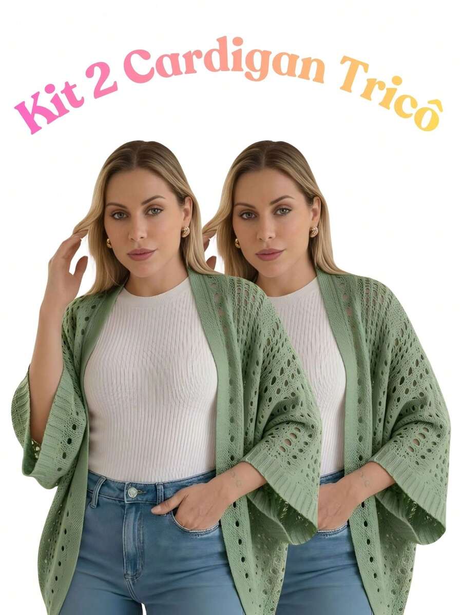 Set Of 2 Women's Cardigan Blouses, Knitted Cape, Openwork Knit, Autumn - 綠/綠 - 查看 1