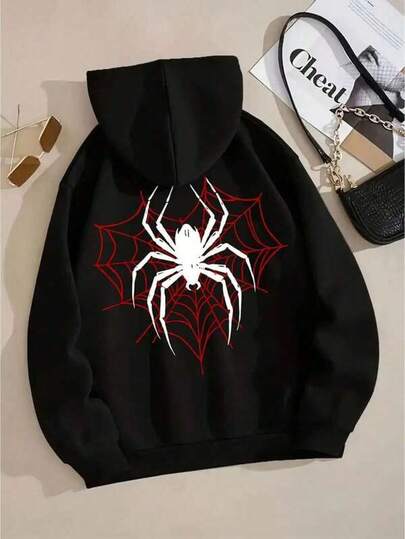 Sudadera con capucha gráfica de araña negra para mujeres - Sudadera casual acogedora de otoño e invierno con cordón, diseño de telaraña roja, poliéster, lavable a máquina, sudadera con capucha de araña