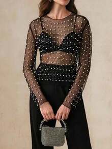 Women's Sheer, Sparkling Pearl And Rhinestone Embellished Top, Round Neck, Long Sleeves, Sheer Mesh Blouse, Suitable For Wedding Guests. - màu đen - Xem 3
