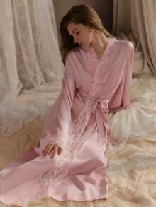 QING ROU Elegant Satin Robe In Lotus Root Color, Soft Lace Trim, Flared Long Sleeves, Silky & Comfortable, With Belt, Suitable For Home Use - 西瓜粉 - 查看 2