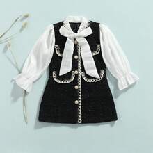 Toddler Baby Girl Tweed Plaid Dress Outfit Elegant Black And White Dress Princess Birthday Party Dress Long Sleeve A Line Dress Front Tie Ruffle 2 In 1 Collared Button Up Short Dresses - Đen và trắng - Xem 1