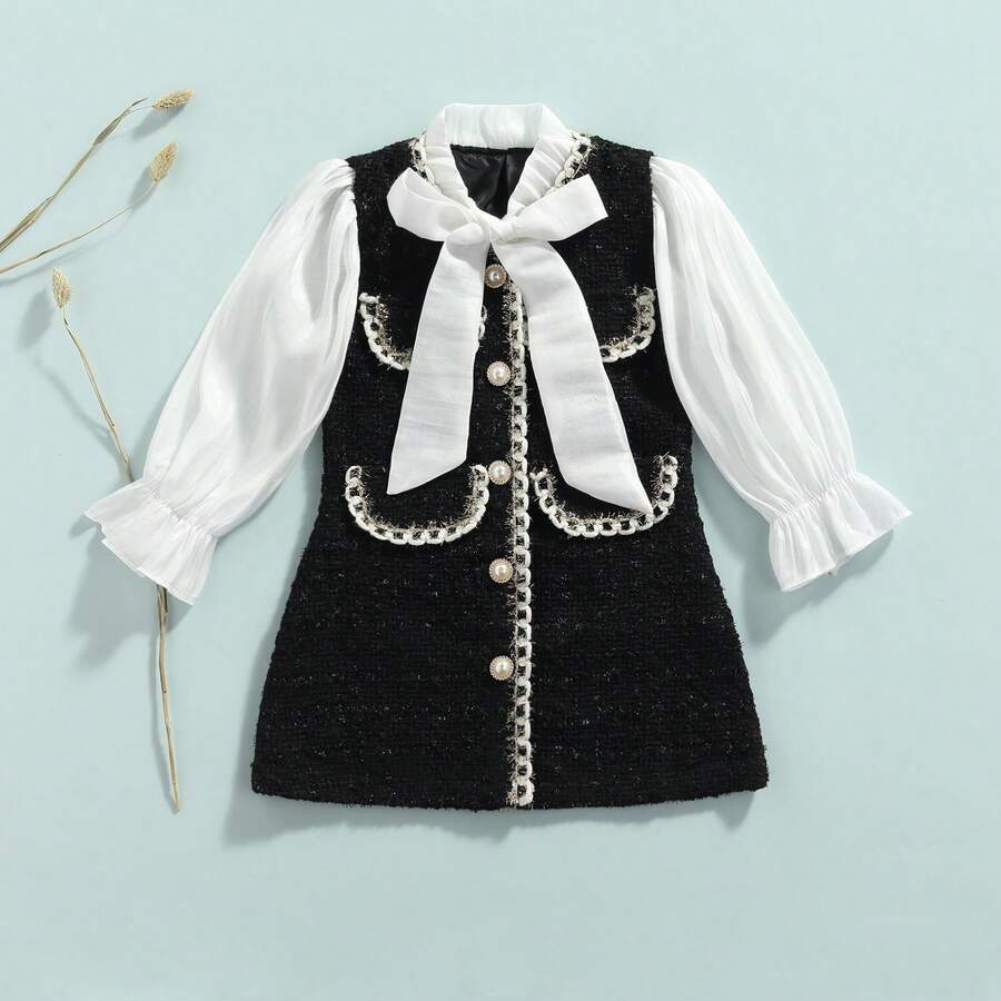 Toddler Baby Girl Tweed Plaid Dress Outfit Elegant Black And White Dress Princess Birthday Party Dress Long Sleeve A Line Dress Front Tie Ruffle 2 In 1 Collared Button Up Short Dresses - Đen và trắng - Xem 1