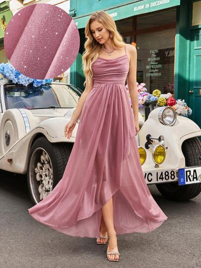 QOQ Elegant Minimalist Women's Wedding Formal Dress, Summer Bridesmaid Dress, Suitable For Weddings, Guests, Galas, Formal Events, Engagement Parties, Garden Weddings - Solid Color Draped Neck Asymmetric Hem Halter Bridesmaid Maxi Dress