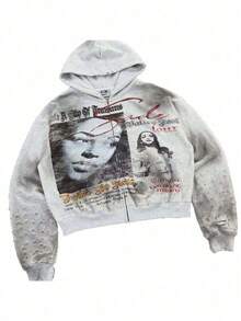 Retro High Street Cross Border Hooded Cardigan Same Style  Hooded Cardigan Sweater - 灰色 - 查看 2