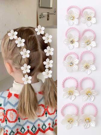 10 piezas de Scrunchies de pelo con flores de perla, Lazos elásticos para el cabello, Diademas