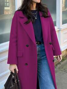 Women's Long Sleeve Solid Color Coat, With Pockets And Double-Breasted Design, Country Style, Winter - Hot Pink - View 9