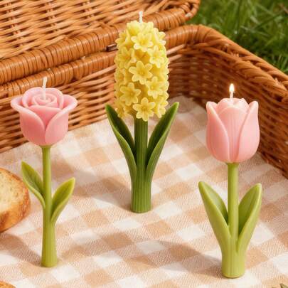 Tulip, Rose, Hyacinth, Lavender Flower Silicone Candle Mold, Home Floral Candle Making, Also Suitable For Resin Casting, Gypsum Decoration, Fragrance Candles, Soap Crafts, Romantic & Natural Atmosphere For Valentine's Day, Spring Party, Floral Lovers