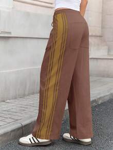 Women's High Waist Baggy Wide Leg Track Pants Drawstring Striped Palazzo Pants With Pockets - màu nâu - Xem 2