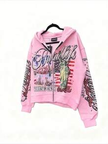 Streetwear Zip-Up Hoodie | Unisex Oversized Graphic Pullover | Y2K Vintage Style - 粉色 - 查看 3