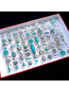 Bộ nhẫn phong cách Bohemian khảm đá ngọc lam, thiết kế kết hợp hoa/sừng hươu/hoa sen, phụ kiện thời trang cho đeo hàng ngày. - Màu Bạc Cổ - Xem 3