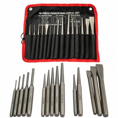 16-Piece Punch And Chisel Set – Heavy-Duty Metal Tool Kit With Portable Storage Pouch For Masonry, Riveting & Metal Punching