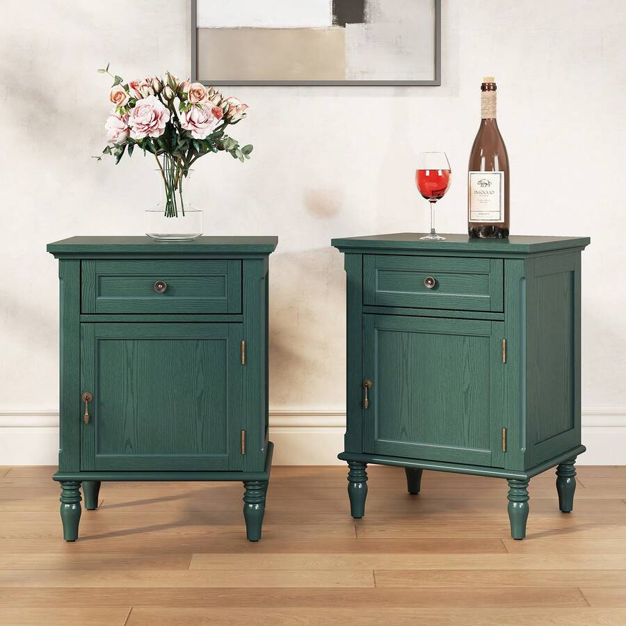 HLR 25"H Nightstands Set Of 2, Modern Retro Bedside Table With Drawer, End Table For Bedroom - 綠色 - 查看 1