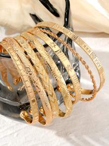 7pcs Vintage Hexagram Embossed Bangle Bracelet Set, Stackable Bracelets For Women - Gold - View 3