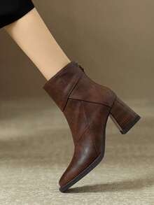 复古英伦风高跟踝靴，方头粗跟，百搭秋冬靴，酒红色鞋跟