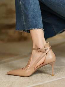 ¡Diseño de nicho de otoño/invierno! ¡Súper cómodo! Sandalias de tacón alto de punta puntiaguda con correa de albaricoque francés para mujer, elegantes