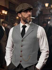 1pcs Men's Vintage Classic Herringbone Pattern Suit Vest V-Neck Casual Wool Blend Waistcoat For Men Business Casual And Formal Wear - Bạc - Xem 1